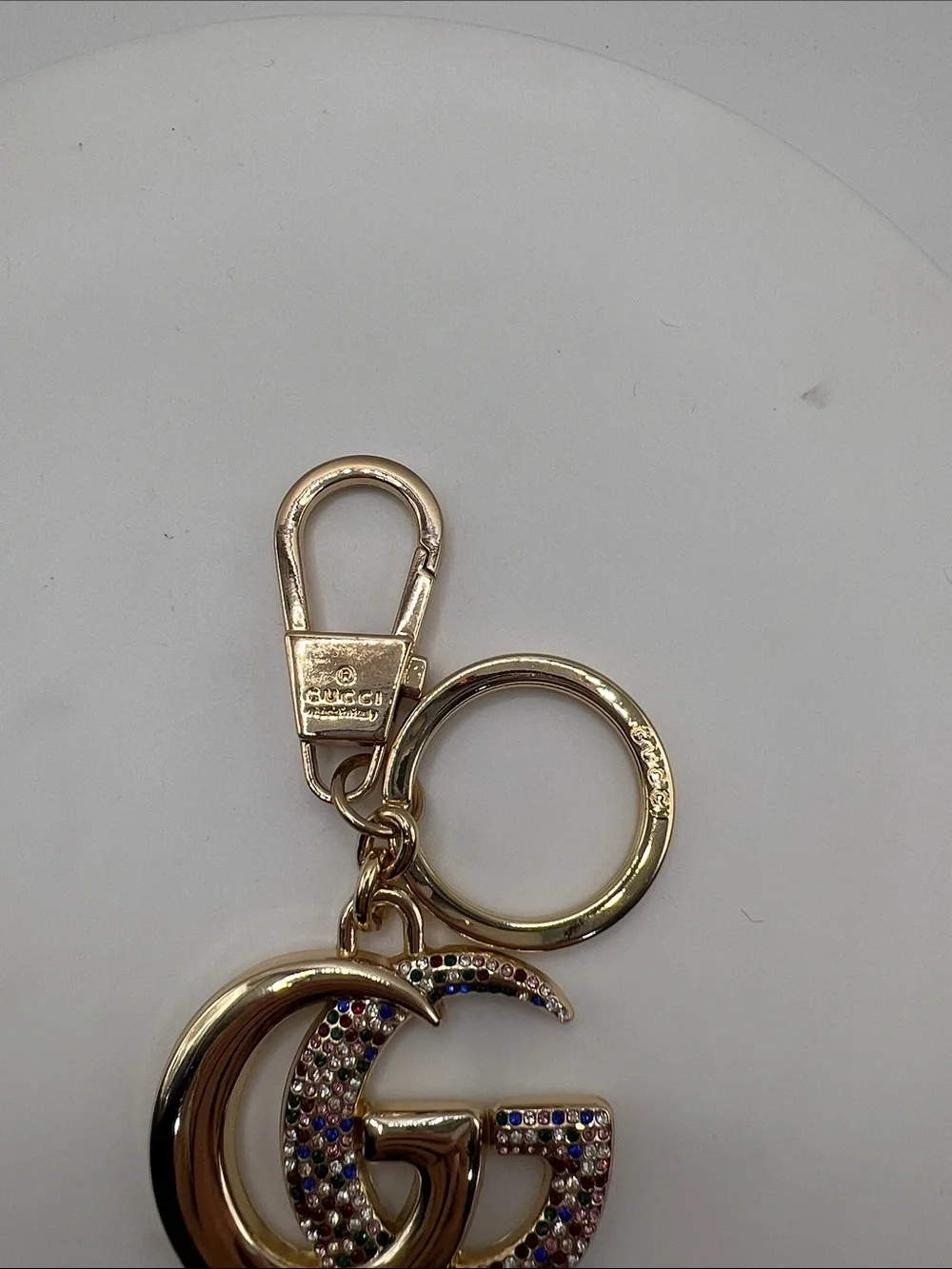 1447.  Gold Double G Multi Color Crystal-Encrusted Keyring or Bag Charm